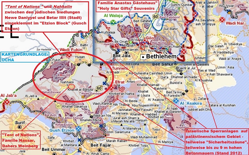 OCHA Karte Betlehem und Gusch Etzion mit Ton Nahalin und Anastas